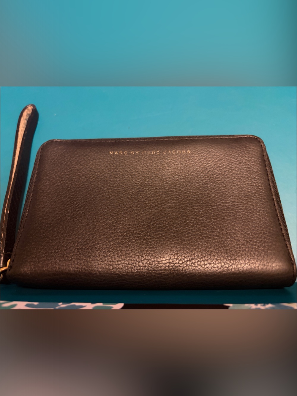 Marc by Marc Jacobs Black Pebbled Leather Zip Wristlet with Gold Logo